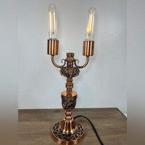 Vintage Copper Candelabra Table Lamp Lions Heads & Ornate Scrollwork 14”Tall